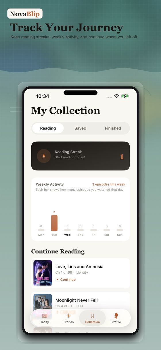 Collection screen with reading streak and continue reading
